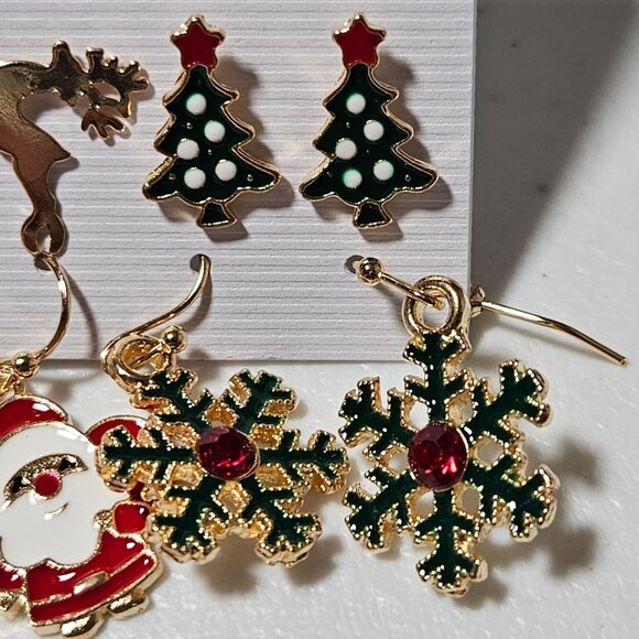 Holiday Themed Earrings Set Christmas Designs 6 Pairs Santa Claus Reindeer Party - Picture 3 of 5